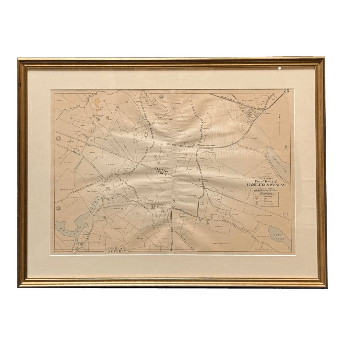 Vintage "Essex County Part of Towns of Hamilton - Wenham" Map, Framed - Thumbnail 2