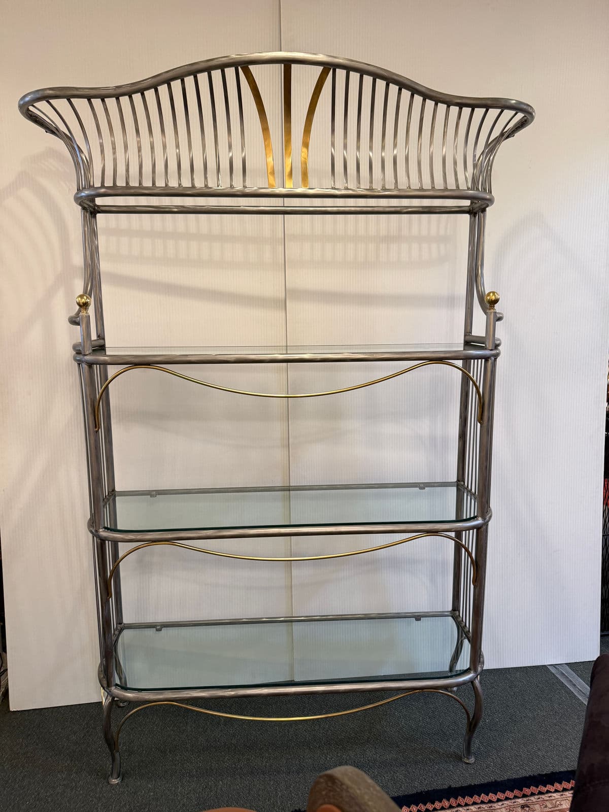 Vintage Custom Design Art Deco Brushed Steel + Brass Bakers Rack - Thumbnail 3