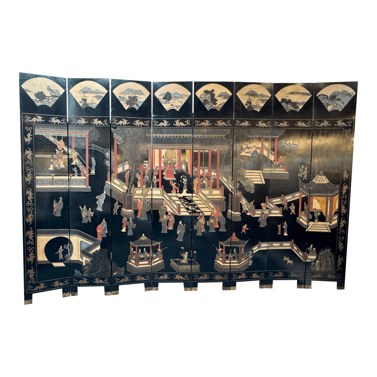 Vintage Chinese Eight Panel Lacquer Coromandel Screen - Thumbnail 2
