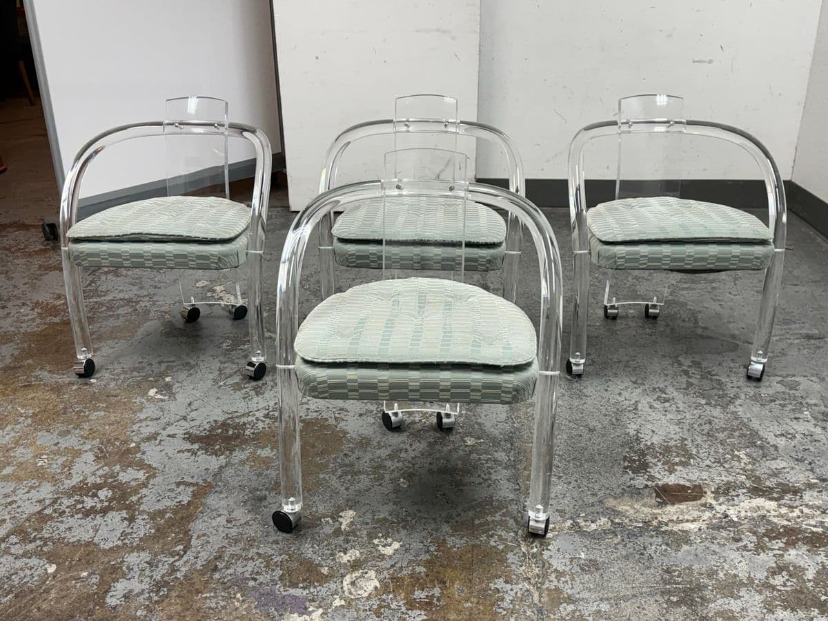 Mid 20th Century Charles Hollis Jones Lucite Chairs + Casters, Set of Four. - Thumbnail 4