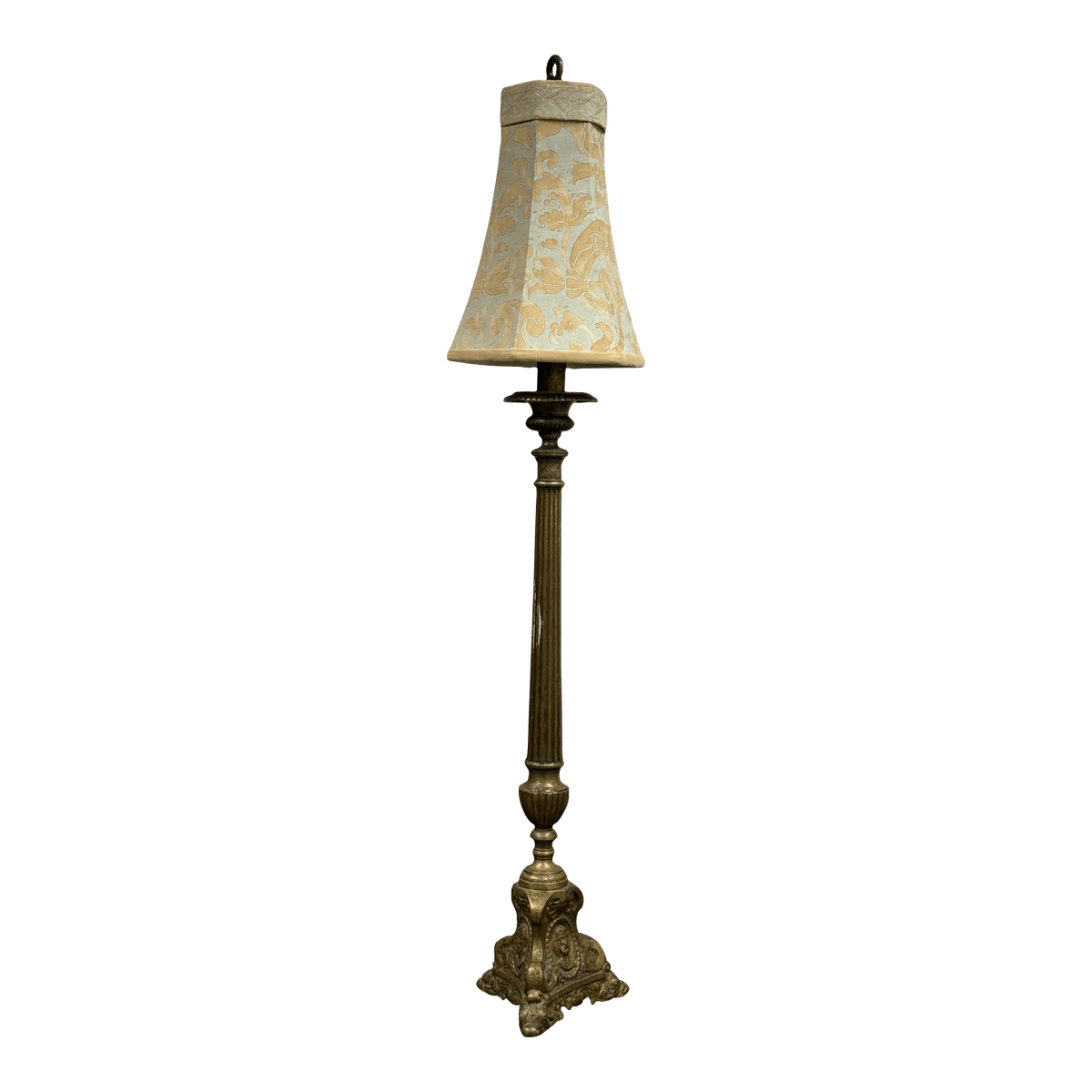 Antique Half Floor Length Table Lamp of Solid Brass + Fortuny Shade - Thumbnail 2