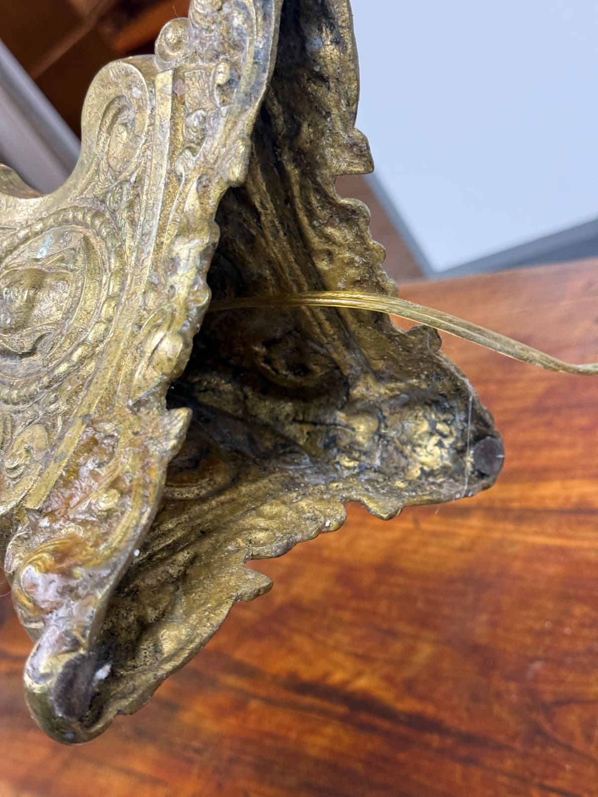 Antique Half Floor Length Table Lamp of Solid Brass + Fortuny Shade - Thumbnail 13