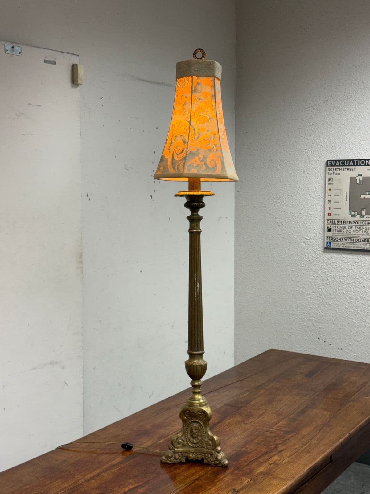 Antique Half Floor Length Table Lamp of Solid Brass + Fortuny Shade - Thumbnail 3