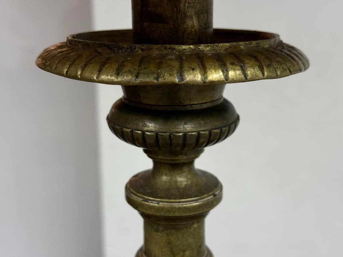 Antique Half Floor Length Table Lamp of Solid Brass + Fortuny Shade - Thumbnail 7