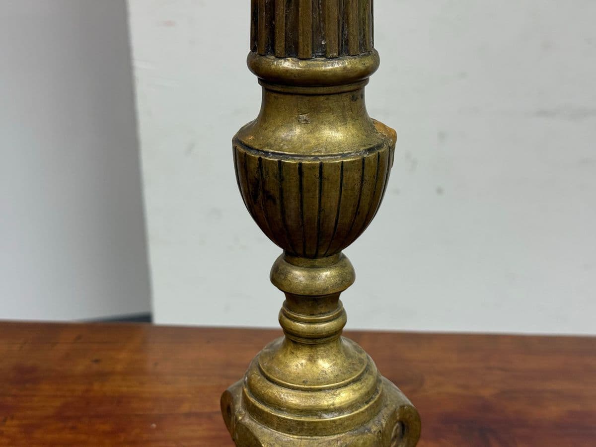 Antique Half Floor Length Table Lamp of Solid Brass + Fortuny Shade - Thumbnail 9