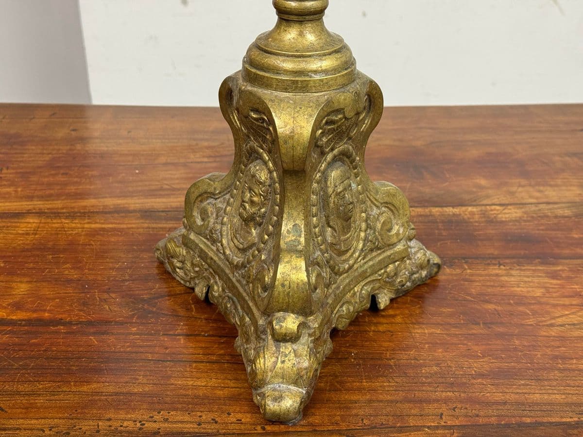 Antique Half Floor Length Table Lamp of Solid Brass + Fortuny Shade - Thumbnail 10