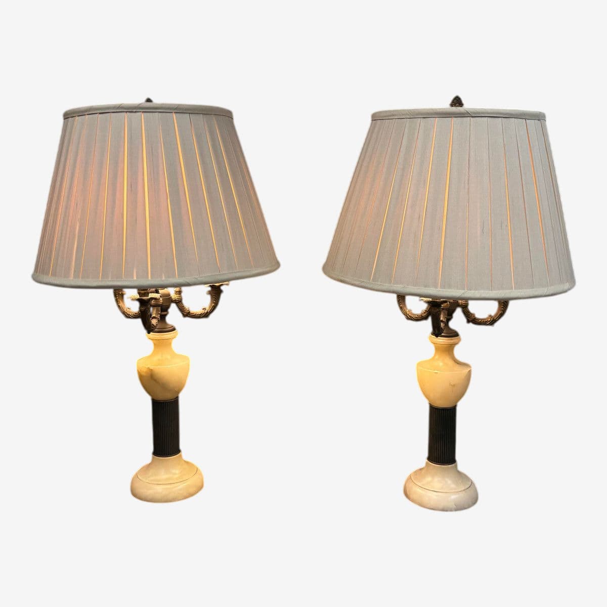 Vintage Alabaster + Bronze Finish Table Lamps, Pair - Image 1