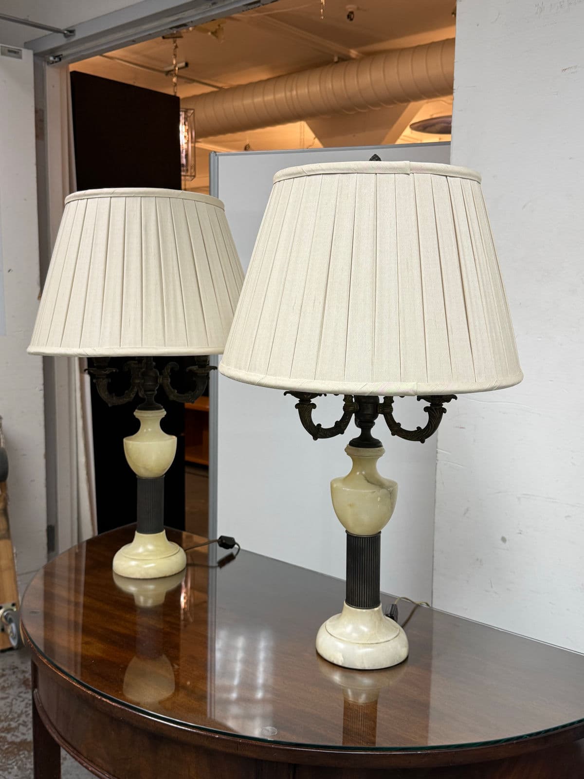 Vintage Alabaster + Bronze Finish Table Lamps, Pair - Thumbnail 4