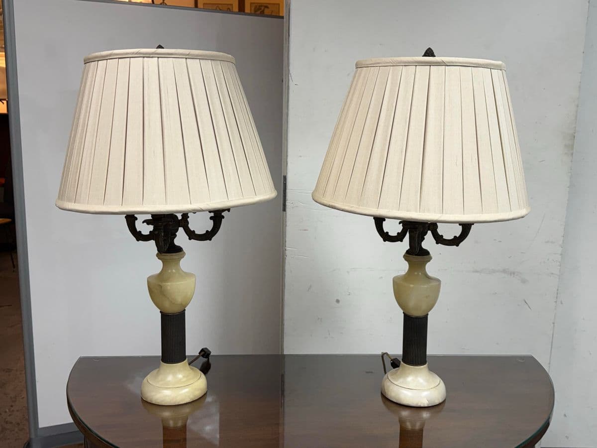 Vintage Alabaster + Bronze Finish Table Lamps, Pair - Thumbnail 3