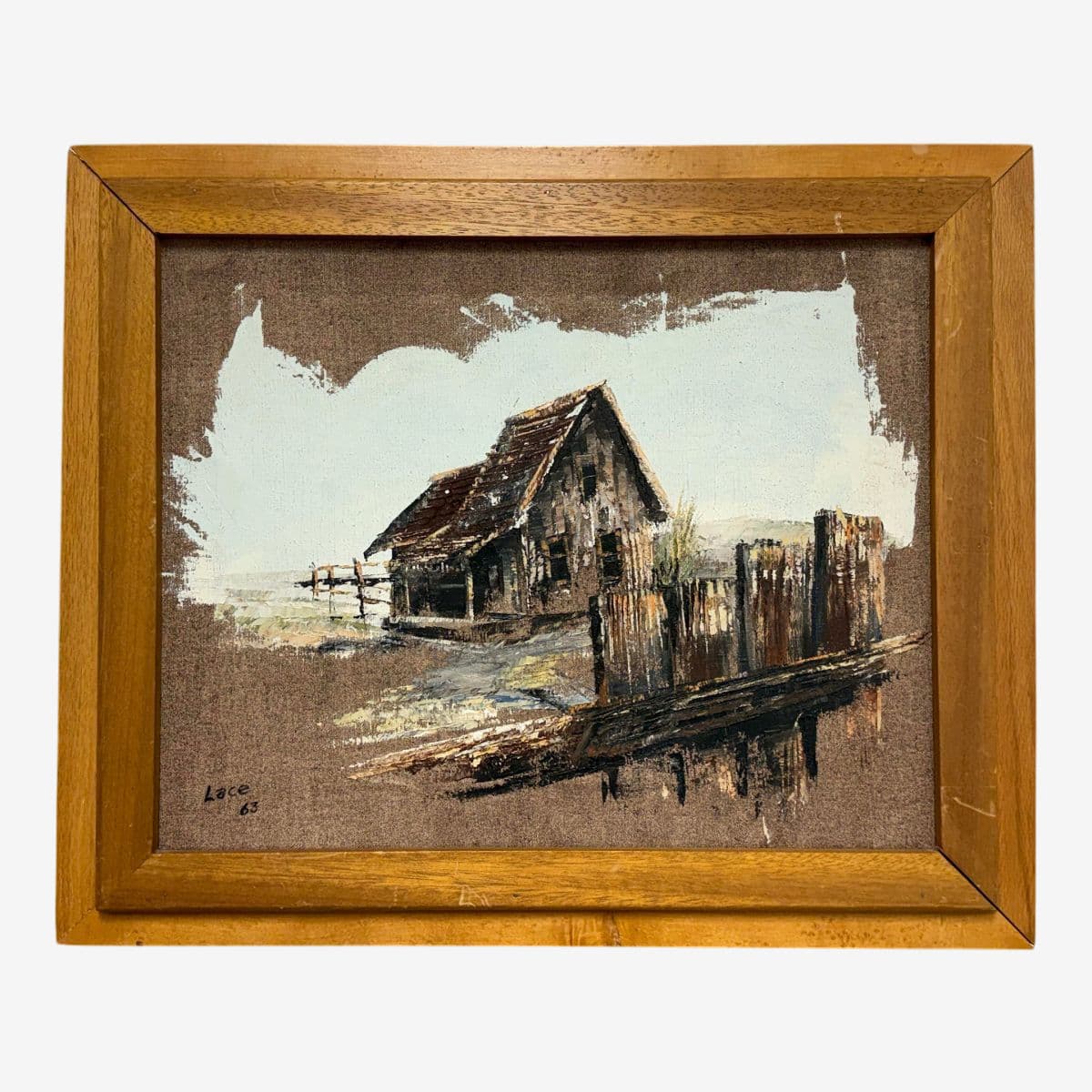 Artist Lace Framed Rustic Barn Painting, Circa 1963 - Image 1