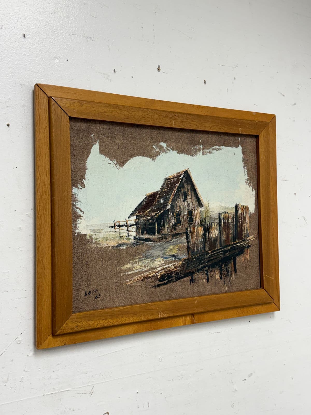 Artist Lace Framed Rustic Barn Painting, Circa 1963 - Thumbnail 4