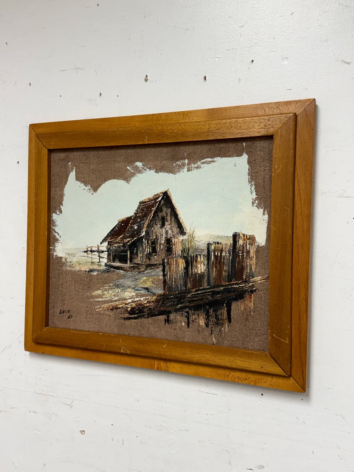 Artist Lace Framed Rustic Barn Painting, Circa 1963 - Thumbnail 3