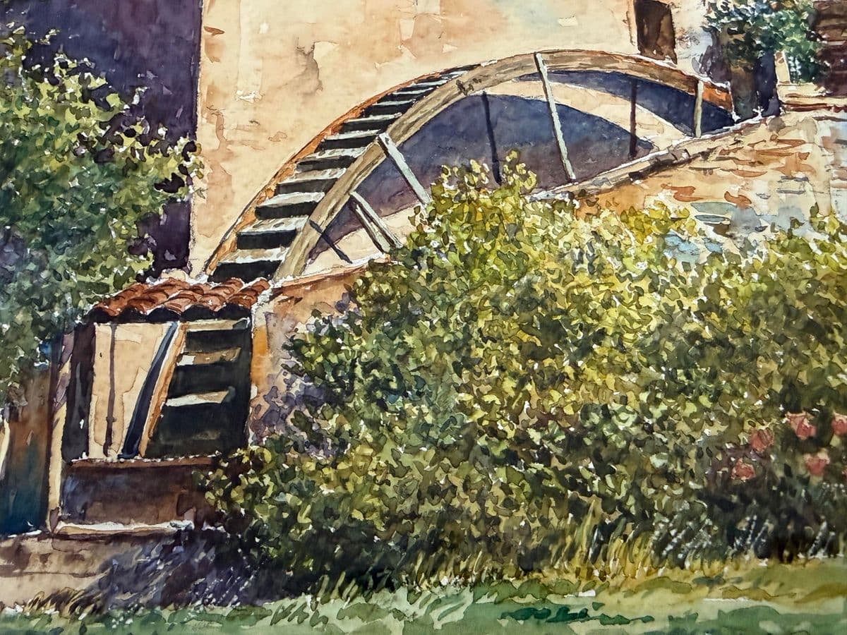 Circa 1997 Gilles Grimoin Original "Moulin Saint Michel" Watercolor, Framed - Thumbnail 7