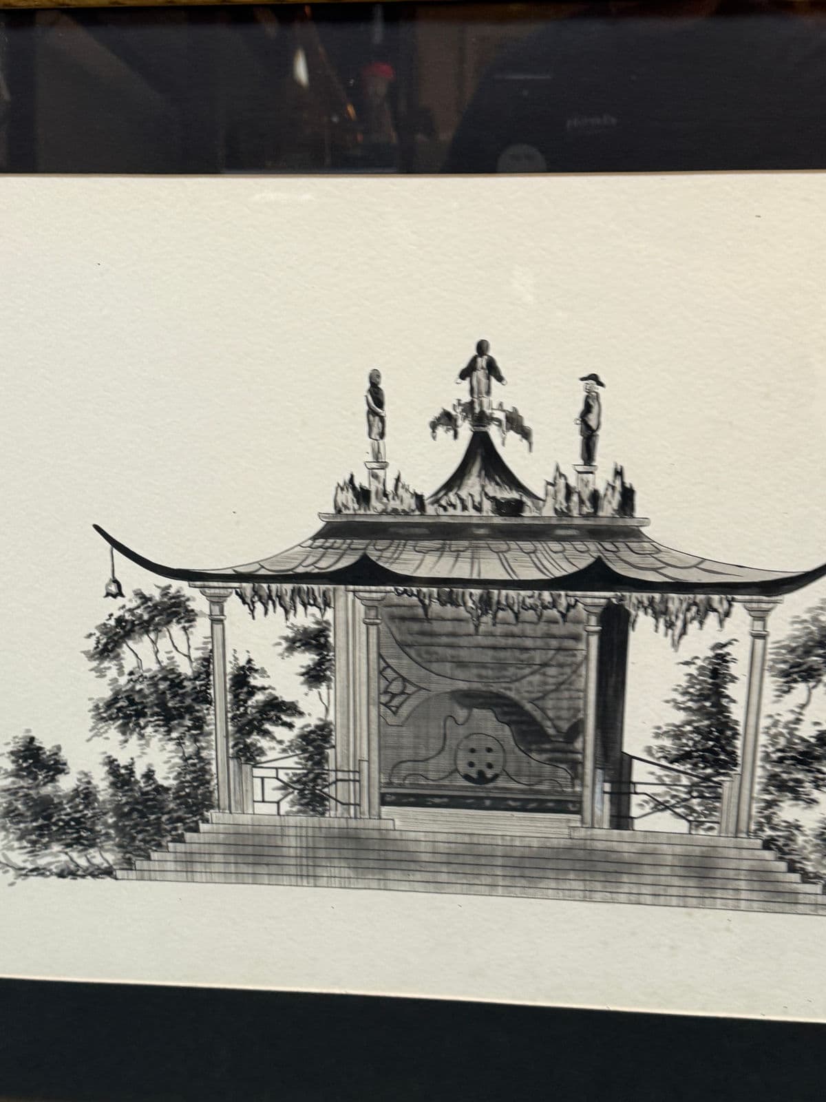 Vintage Garden Pagoda Pen & Ink Drawing, Framed - Thumbnail 9