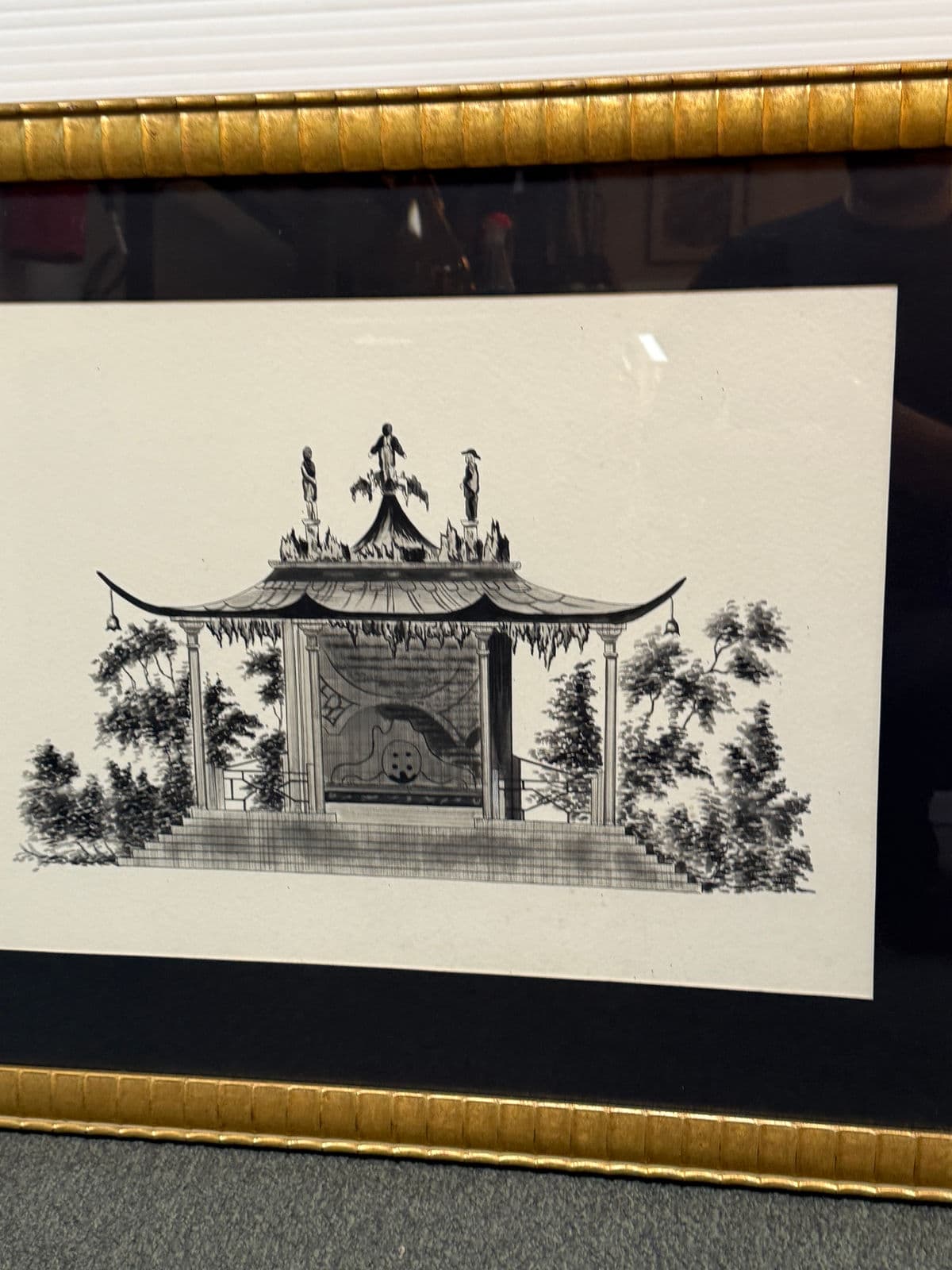 Vintage Garden Pagoda Pen & Ink Drawing, Framed - Thumbnail 7
