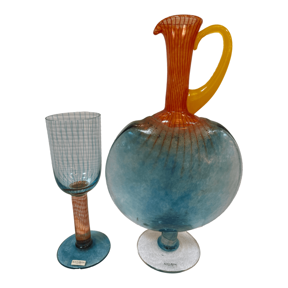 Circa 1989 Kjell Engman for Kosta Boda Bon Bon Art Glass Pitcher + Goblet, Set - Thumbnail 2