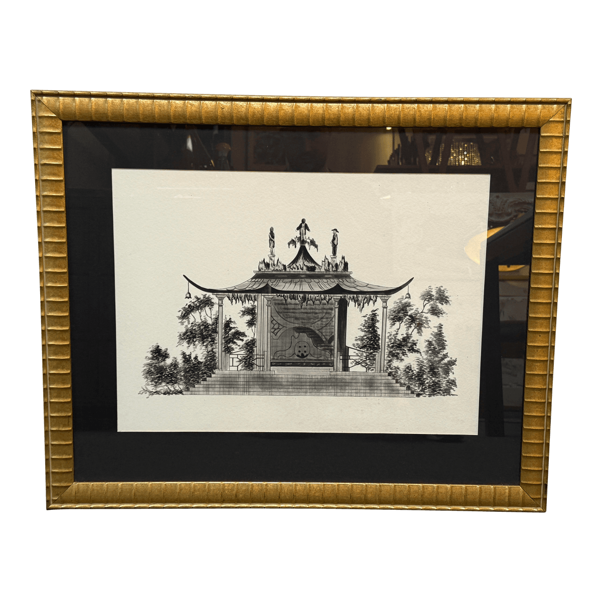 Vintage Garden Pagoda Pen & Ink Drawing, Framed - Thumbnail 2