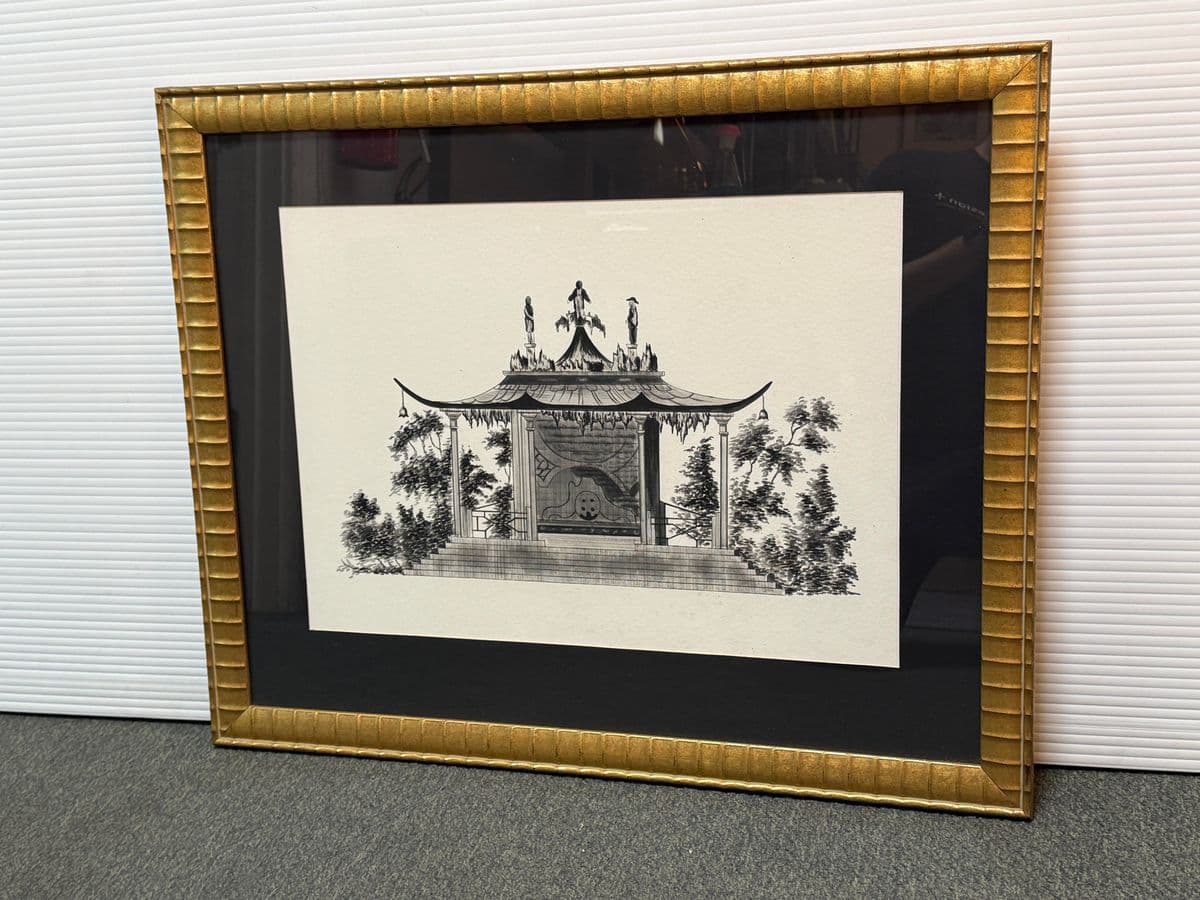 Vintage Garden Pagoda Pen & Ink Drawing, Framed - Thumbnail 3