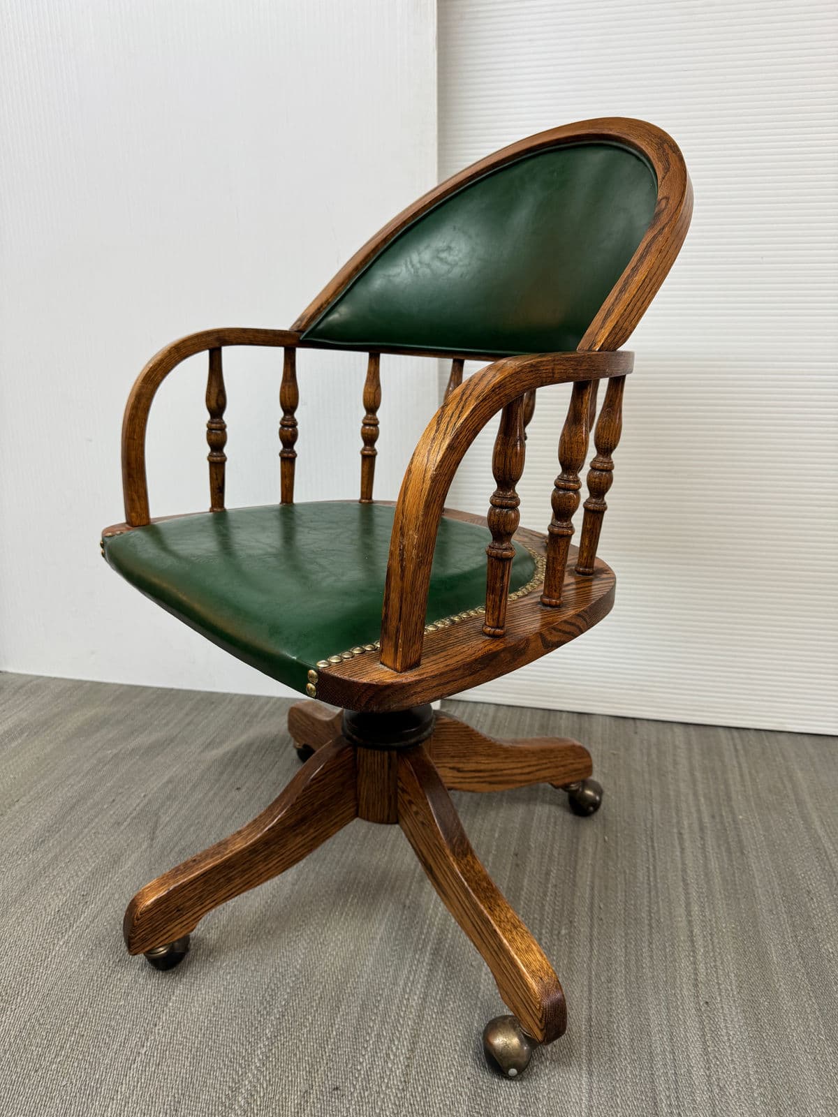 Vintage H W Hull & Sons Oak Wood + Leather Office Chair - Thumbnail 4