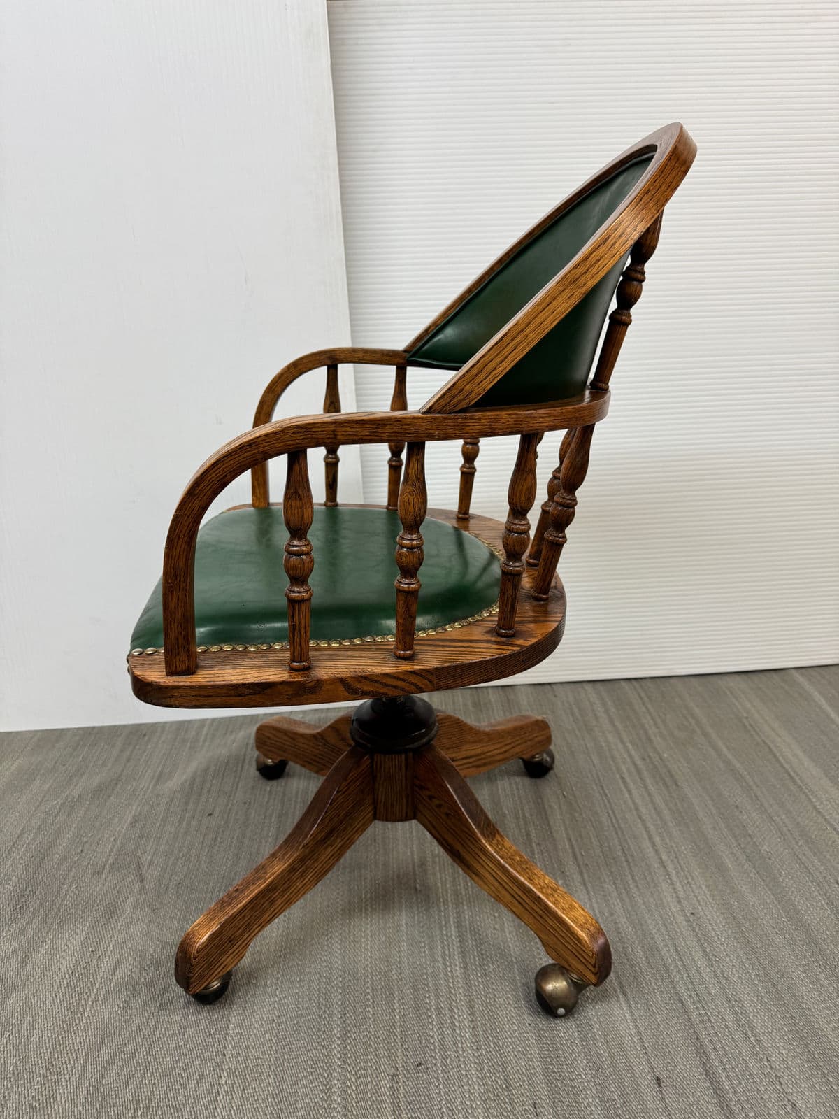 Vintage H W Hull & Sons Oak Wood + Leather Office Chair - Thumbnail 6