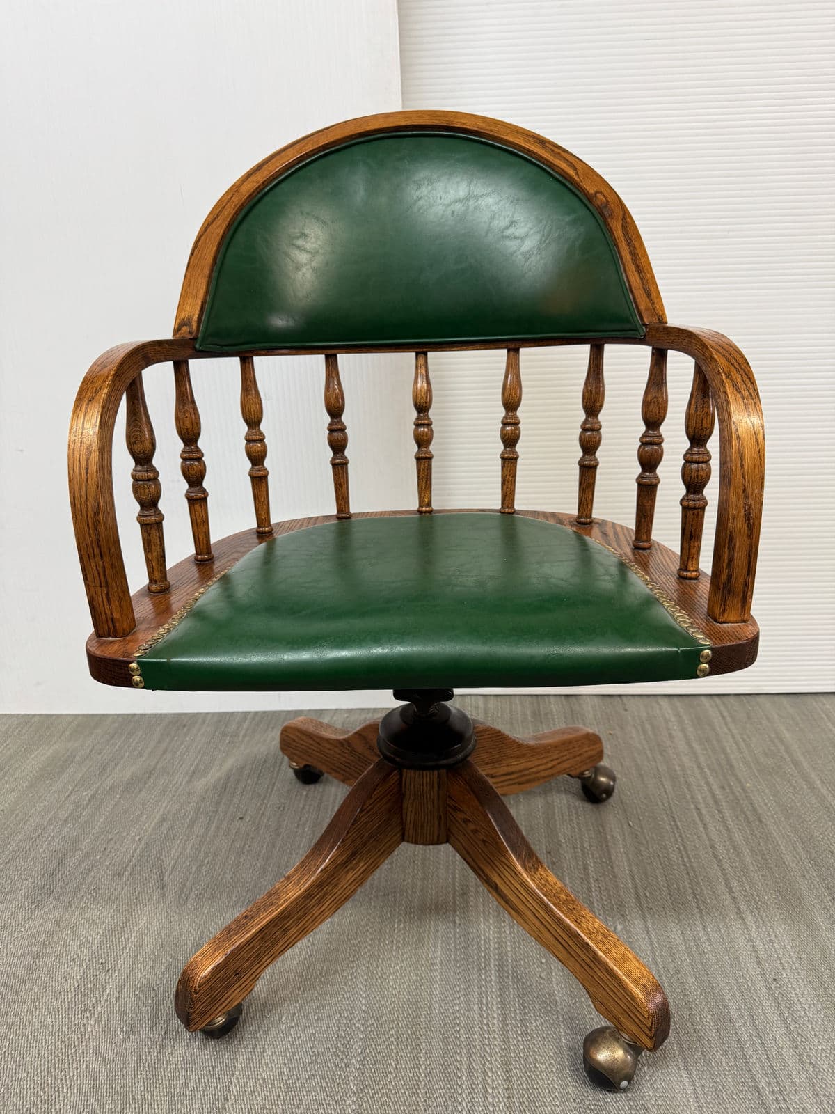 Vintage H W Hull & Sons Oak Wood + Leather Office Chair - Thumbnail 3