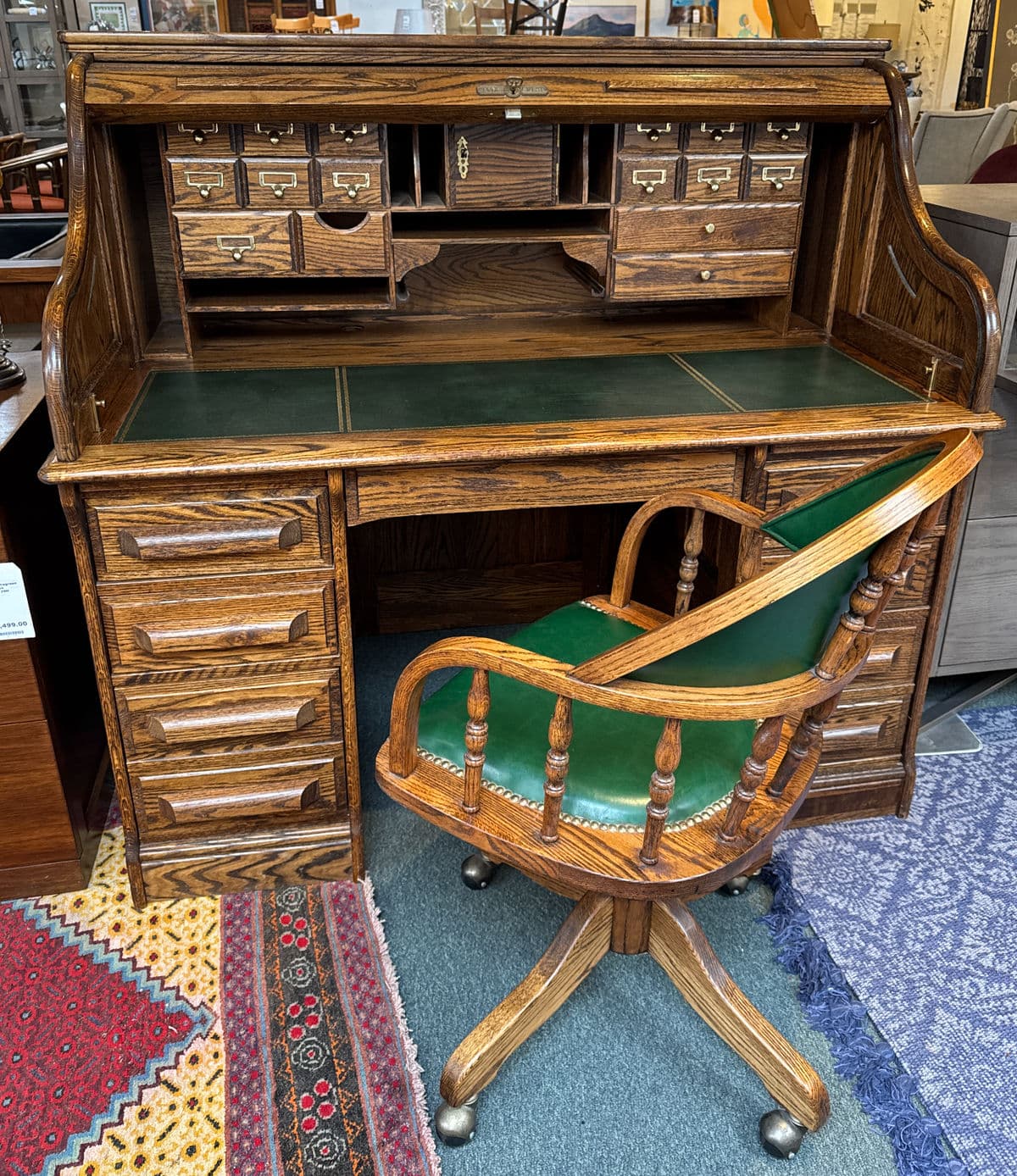 Vintage H W Hull & Sons Oak Wood + Leather Office Chair - Thumbnail 14