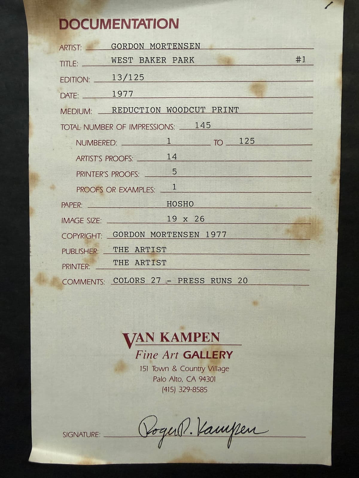 Gordon Mortensen "West Baker Park 1977" Woodcut Original, Signed - Thumbnail 7