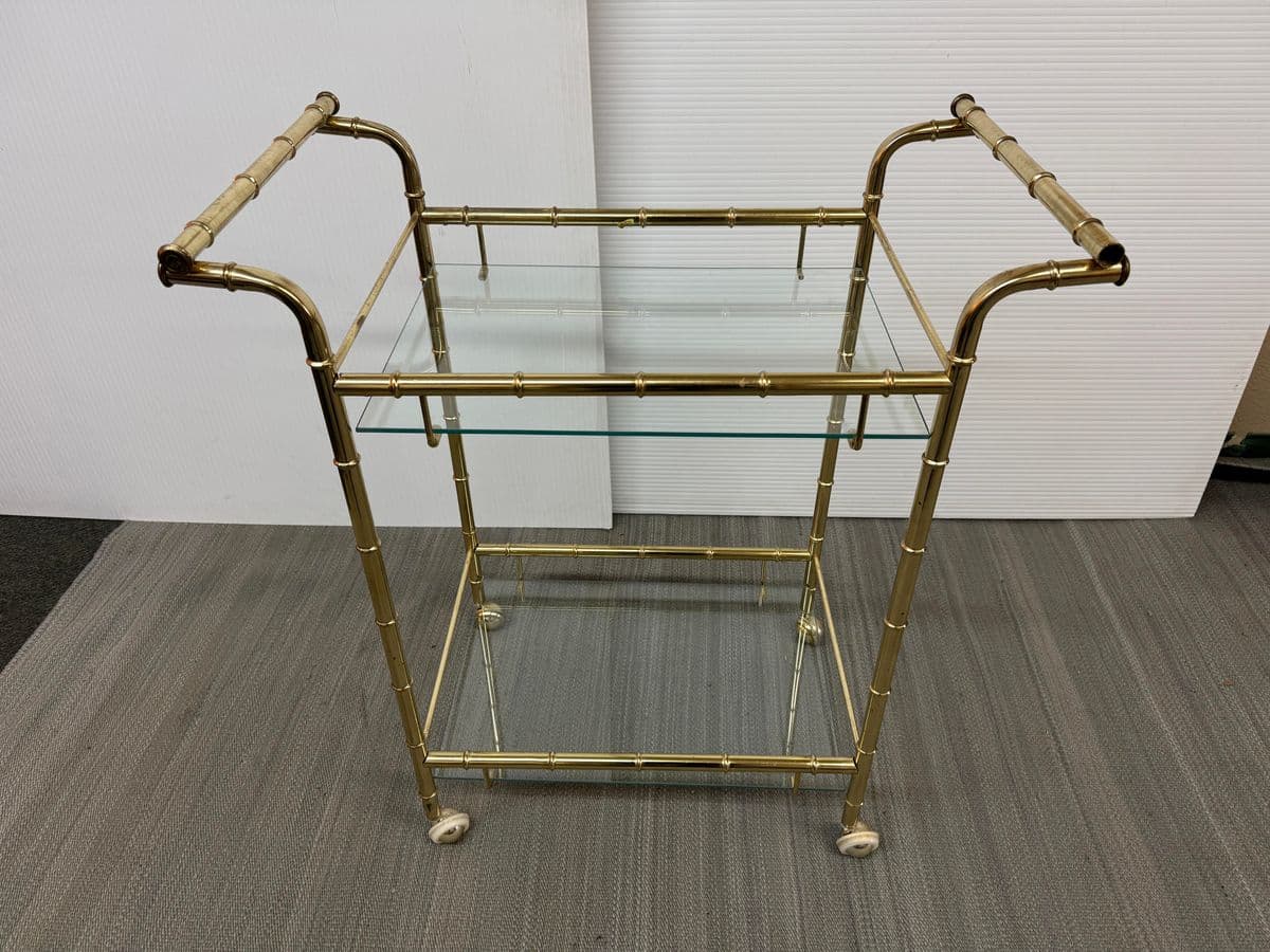 Hollywood Regency Double Handle Brass Bar Cart - Thumbnail 3