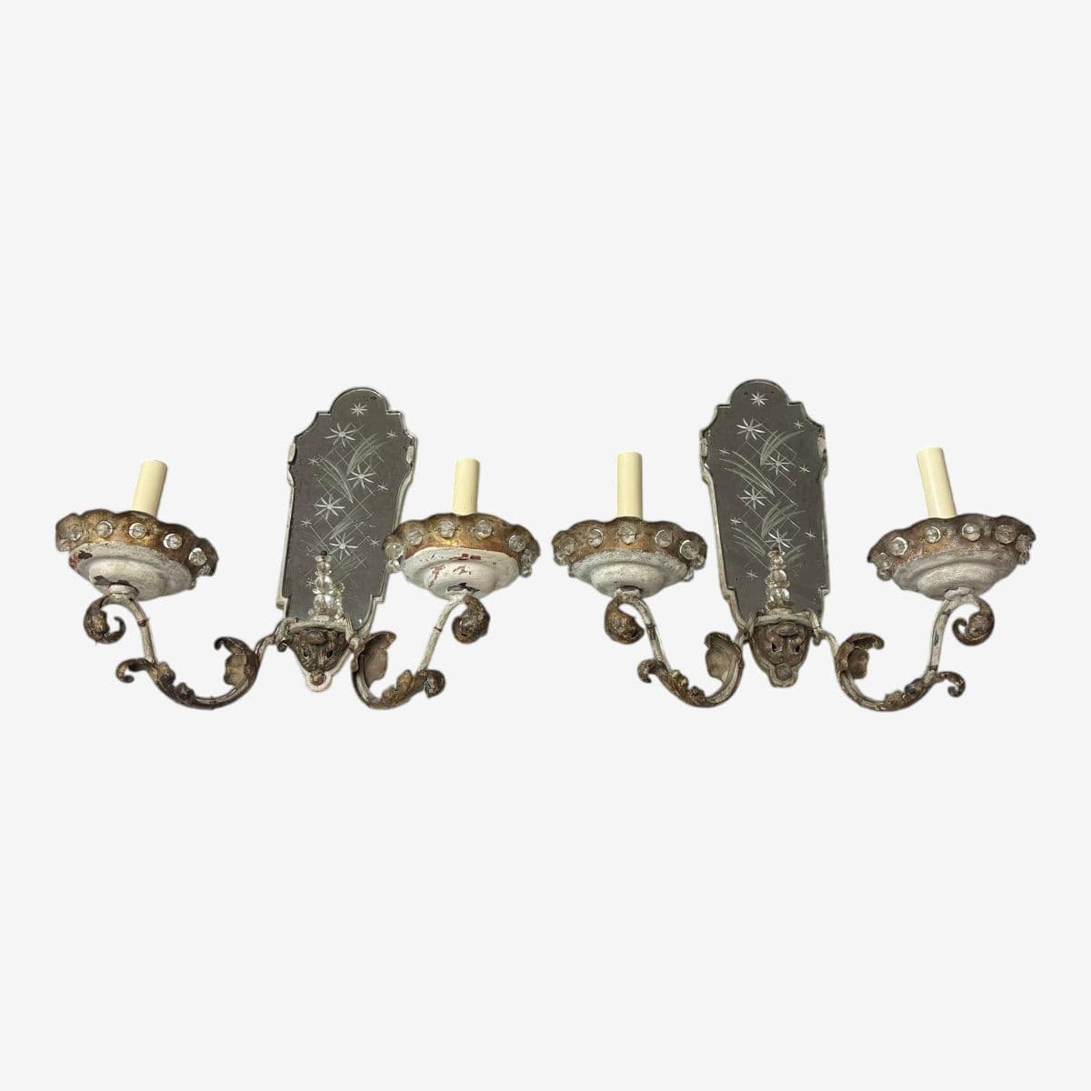Antique Early 20th Century Etched Mirror Dual Arm Wall Sconces, Pair - Image 1