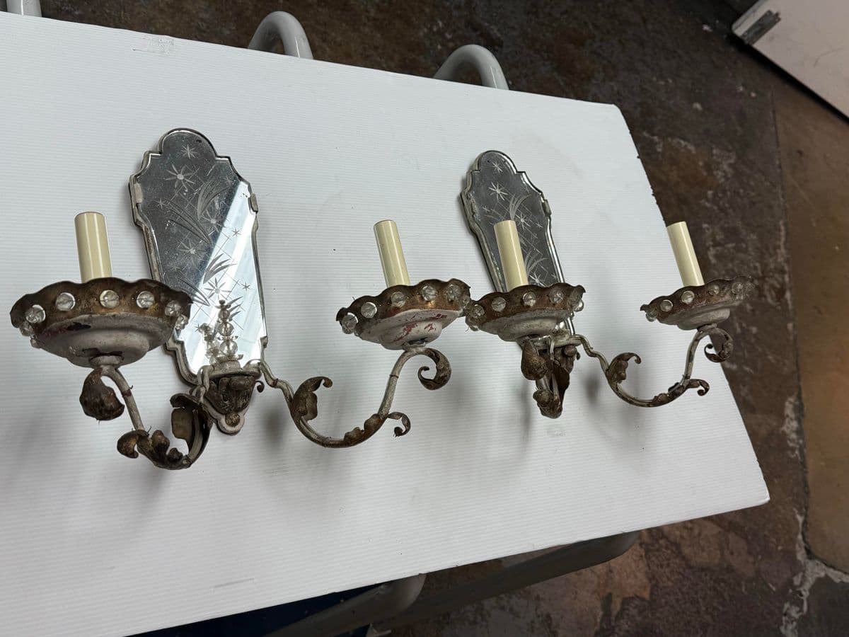 Antique Early 20th Century Etched Mirror Dual Arm Wall Sconces, Pair - Thumbnail 5