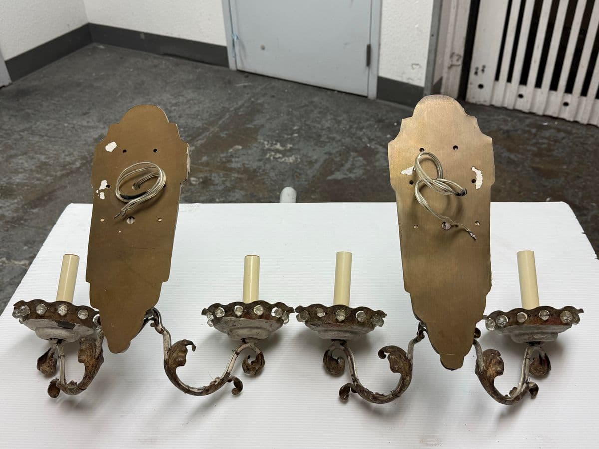 Antique Early 20th Century Etched Mirror Dual Arm Wall Sconces, Pair - Thumbnail 6