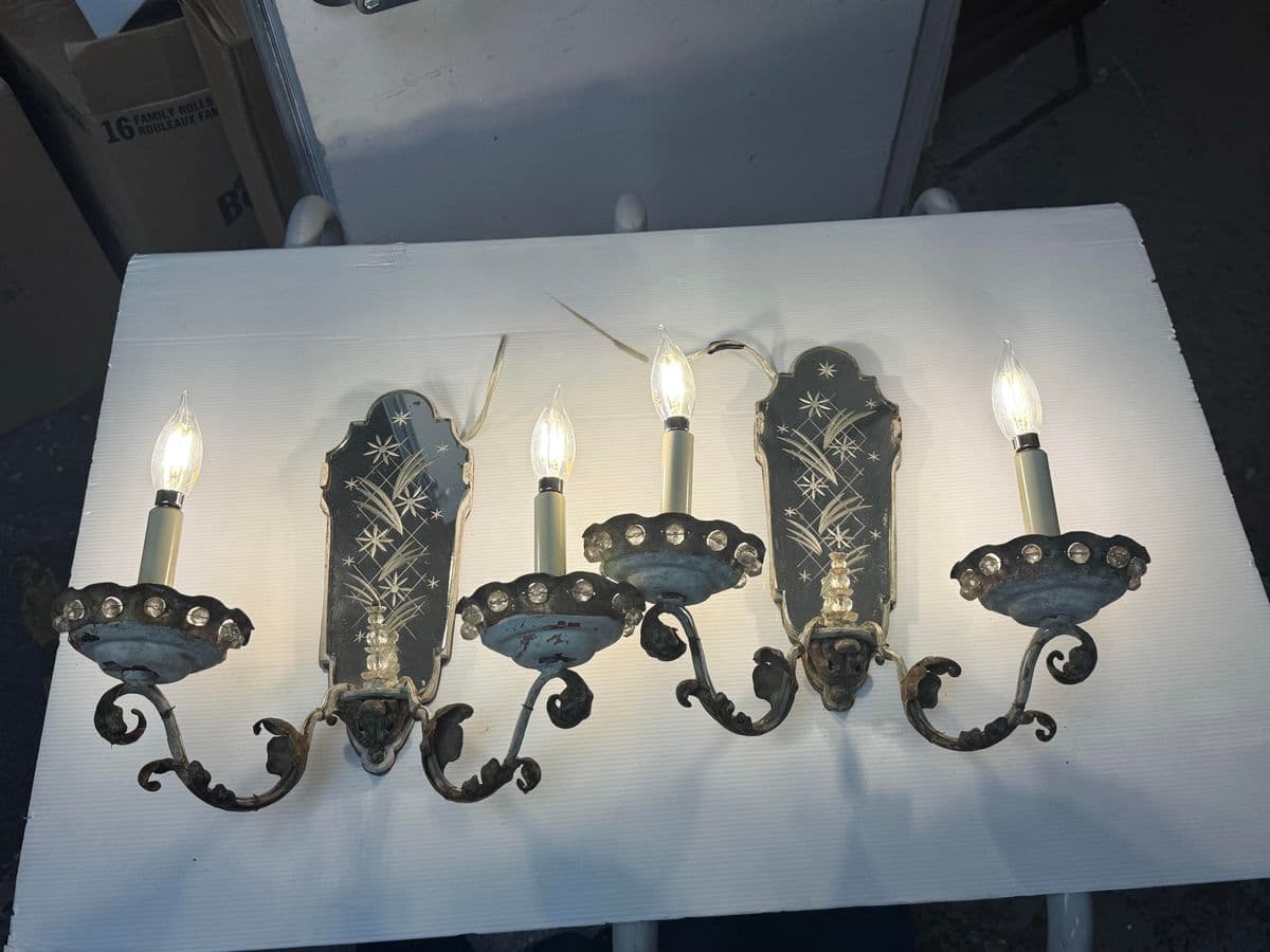 Antique Early 20th Century Etched Mirror Dual Arm Wall Sconces, Pair - Thumbnail 3