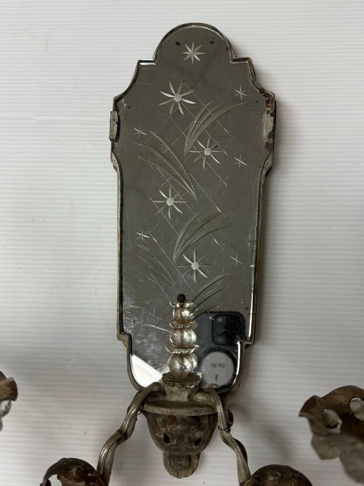 Antique Early 20th Century Etched Mirror Dual Arm Wall Sconces, Pair - Thumbnail 7