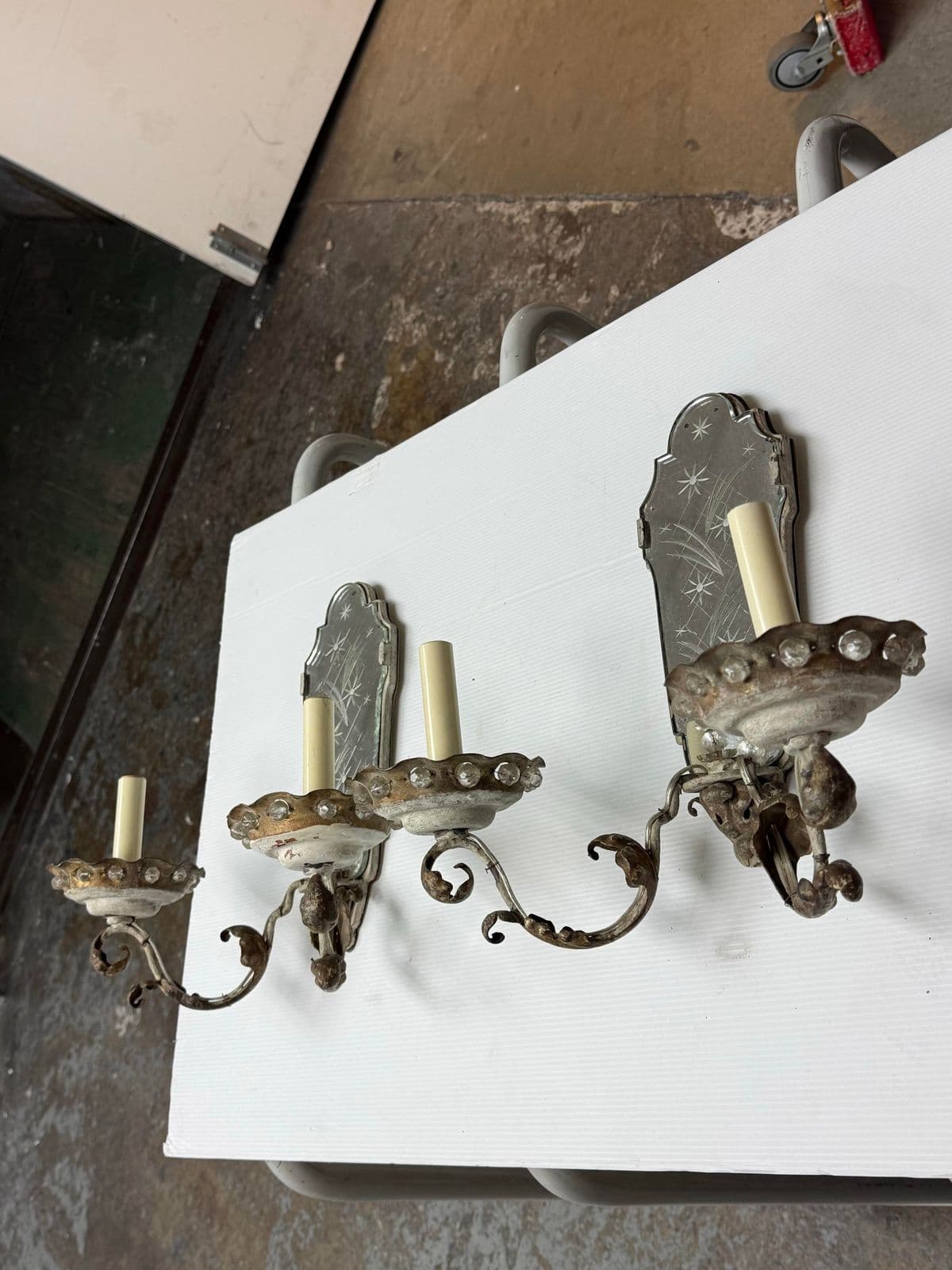 Antique Early 20th Century Etched Mirror Dual Arm Wall Sconces, Pair - Thumbnail 4