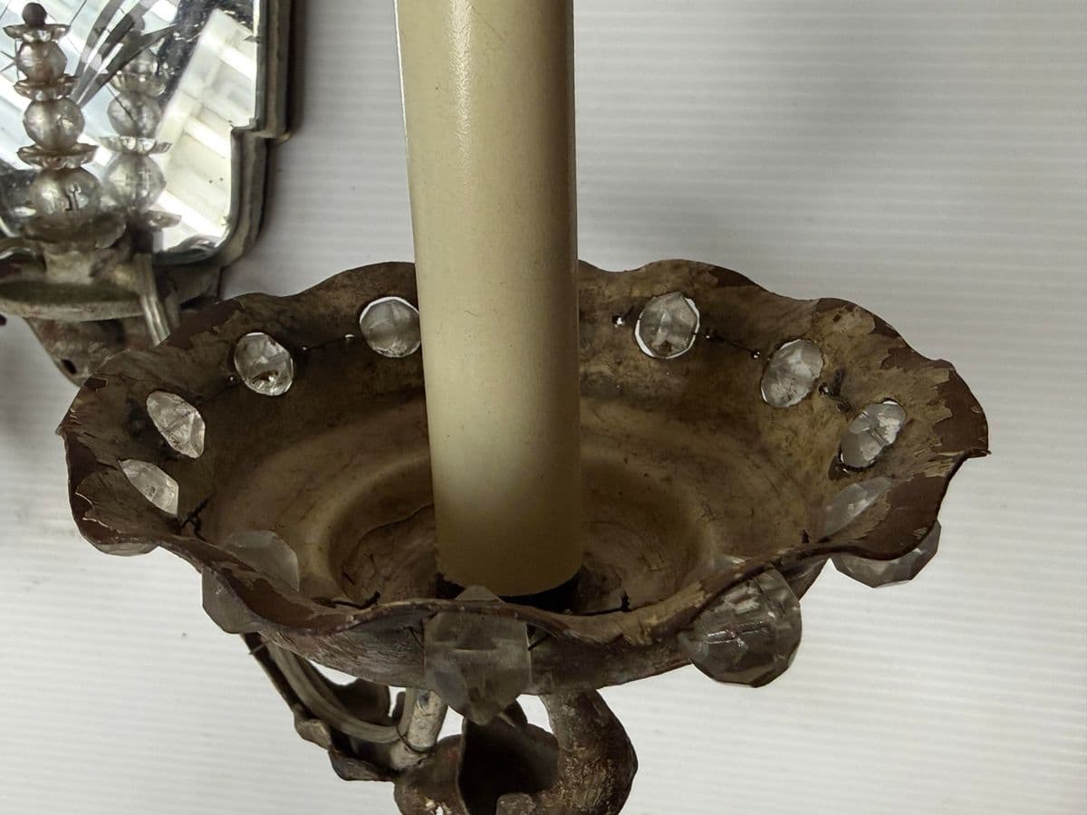 Antique Early 20th Century Etched Mirror Dual Arm Wall Sconces, Pair - Thumbnail 13