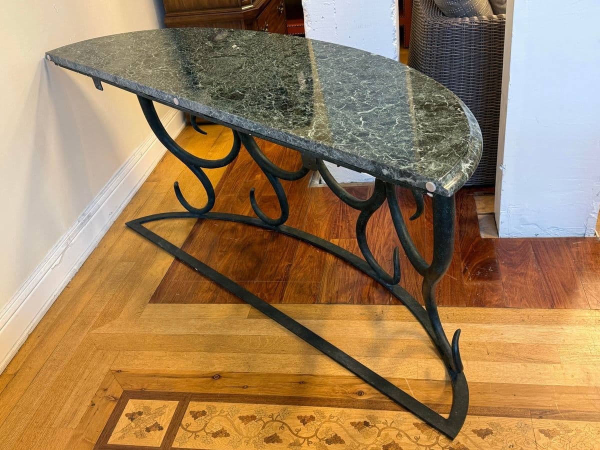 Late 20th Century Serpentine Green Marble + Iron Console Table - Thumbnail 8