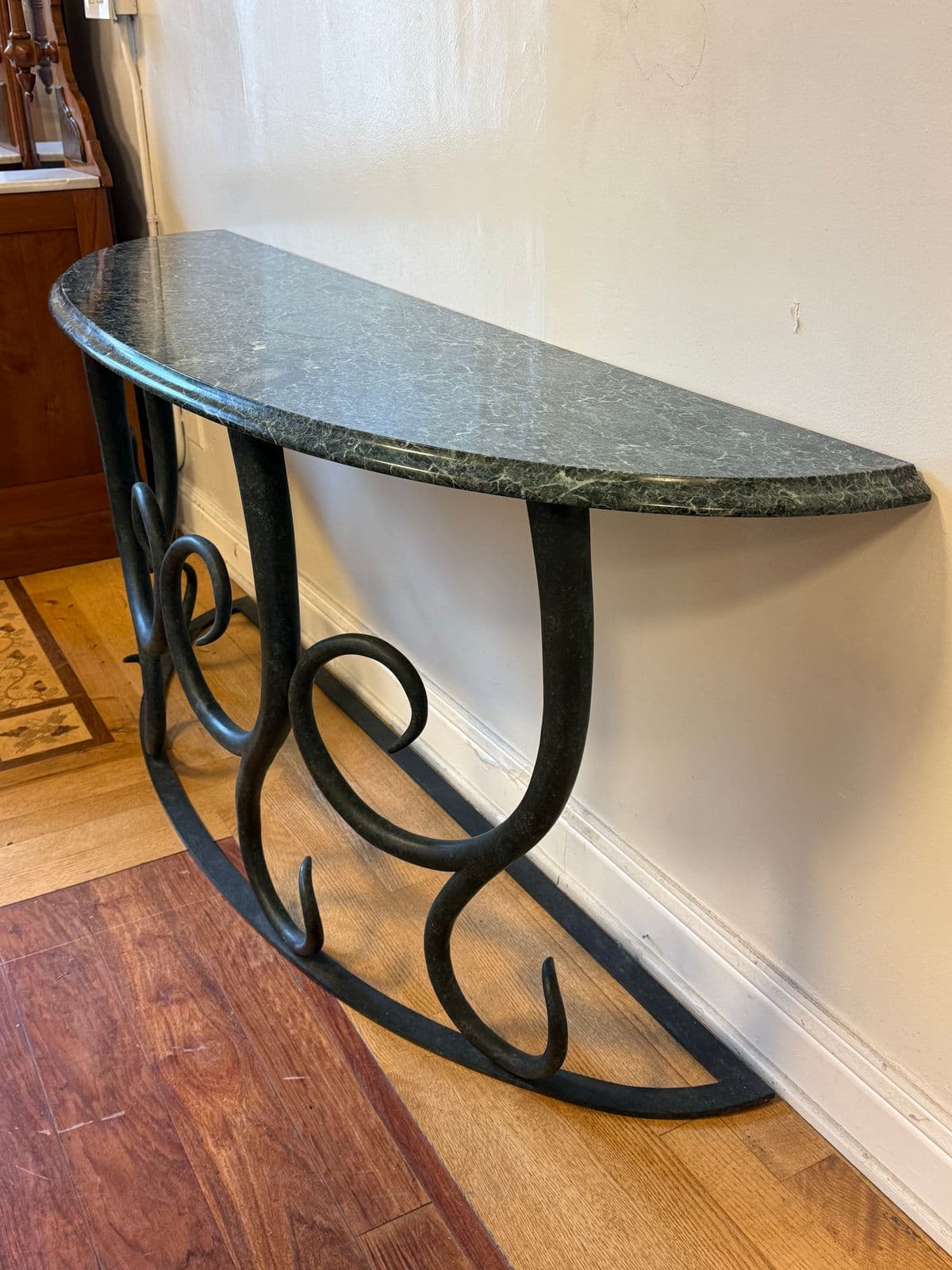 Late 20th Century Serpentine Green Marble + Iron Console Table - Thumbnail 4