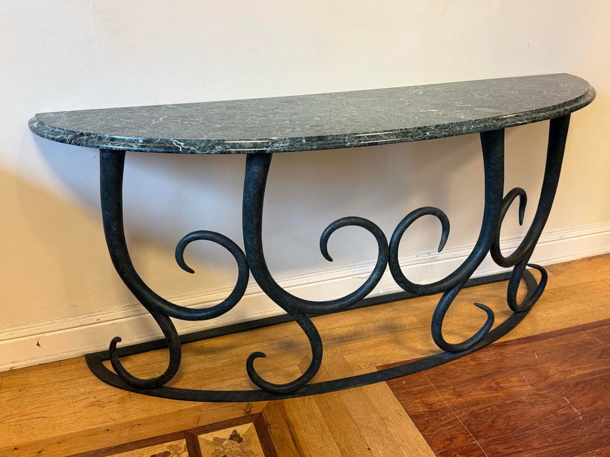 Late 20th Century Serpentine Green Marble + Iron Console Table - Thumbnail 3