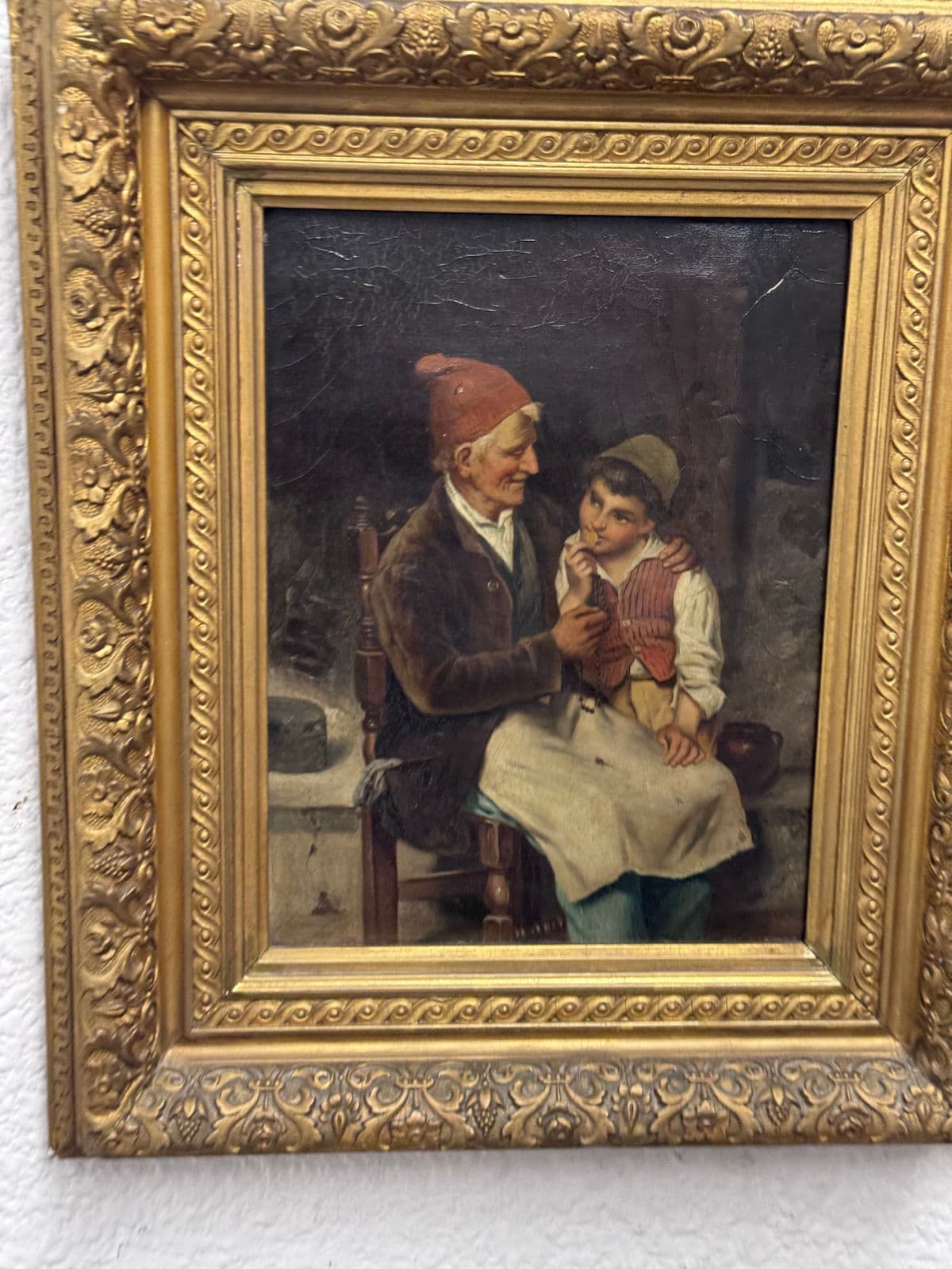 Antique Oil Painting of Grandfather With Son, Framed - Thumbnail 9