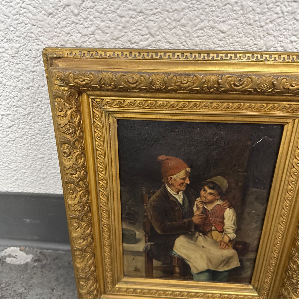 Antique Oil Painting of Grandfather With Son, Framed - Thumbnail 13
