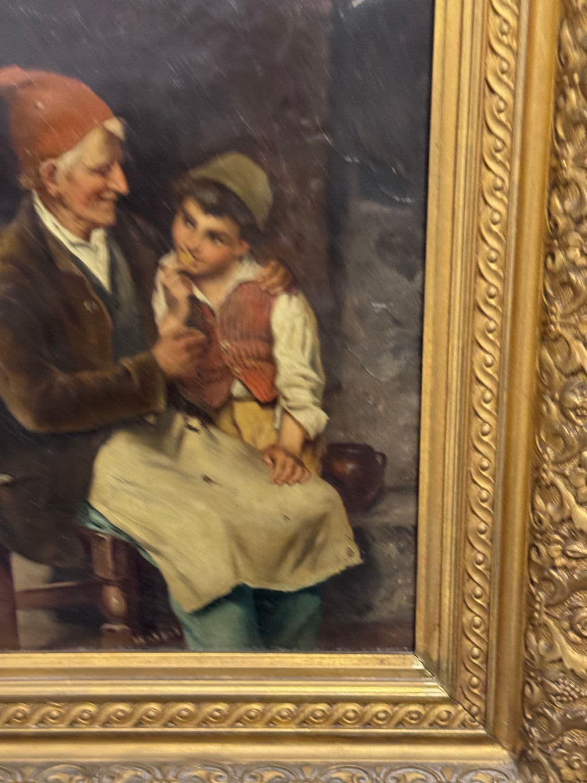 Antique Oil Painting of Grandfather With Son, Framed - Thumbnail 11