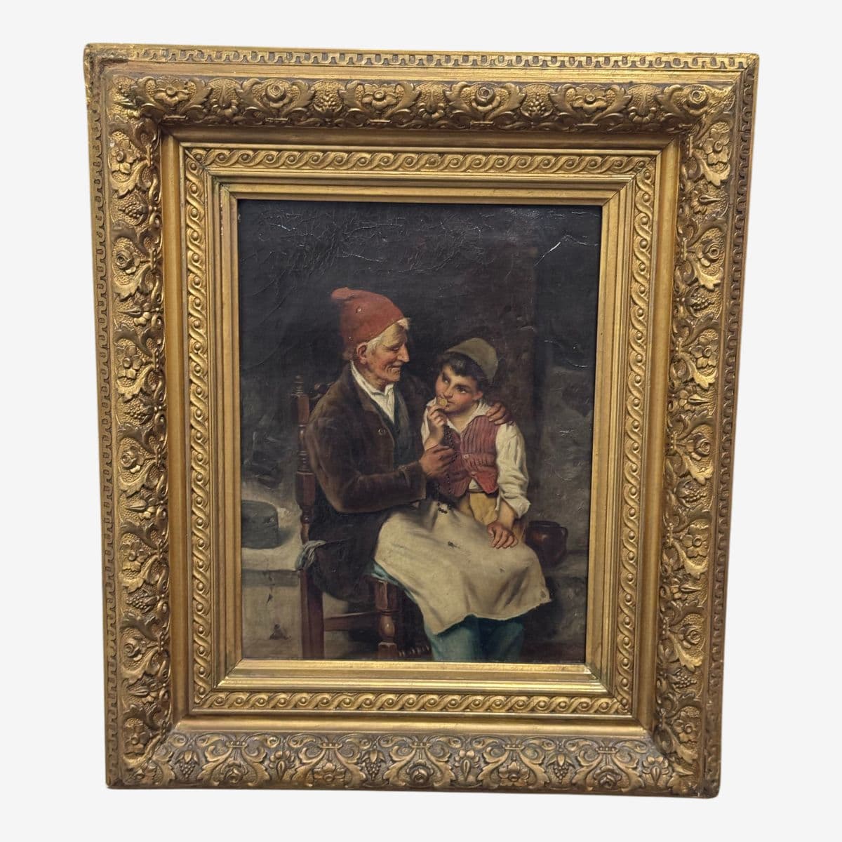 Antique Oil Painting of Grandfather With Son, Framed - Image 1