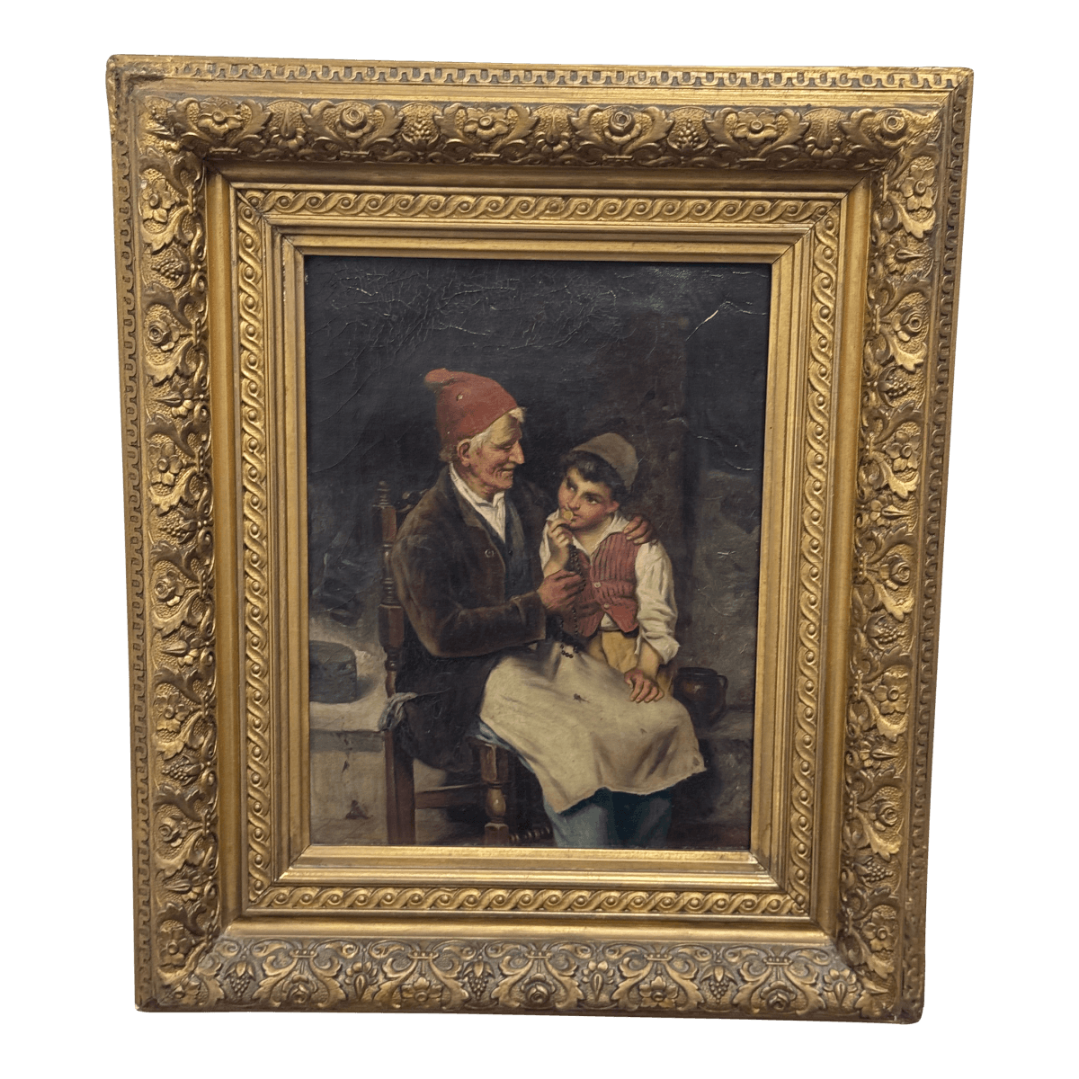 Antique Oil Painting of Grandfather With Son, Framed - Thumbnail 2