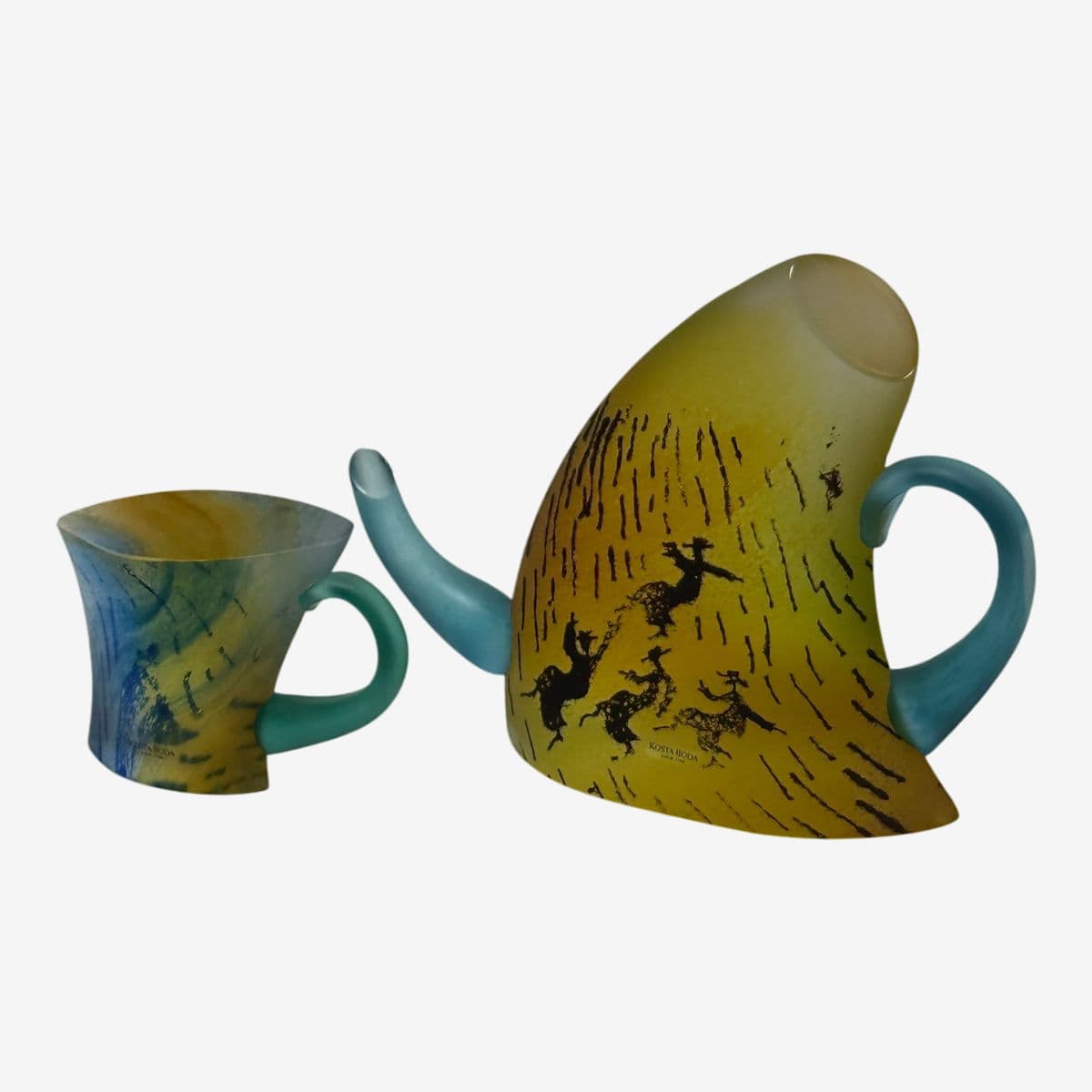 Circa 1980's Kjell Engman for Kosta Boda Vintage Limited Edition Teapot + Tea Cup Art Glass Sculpture - Image 1