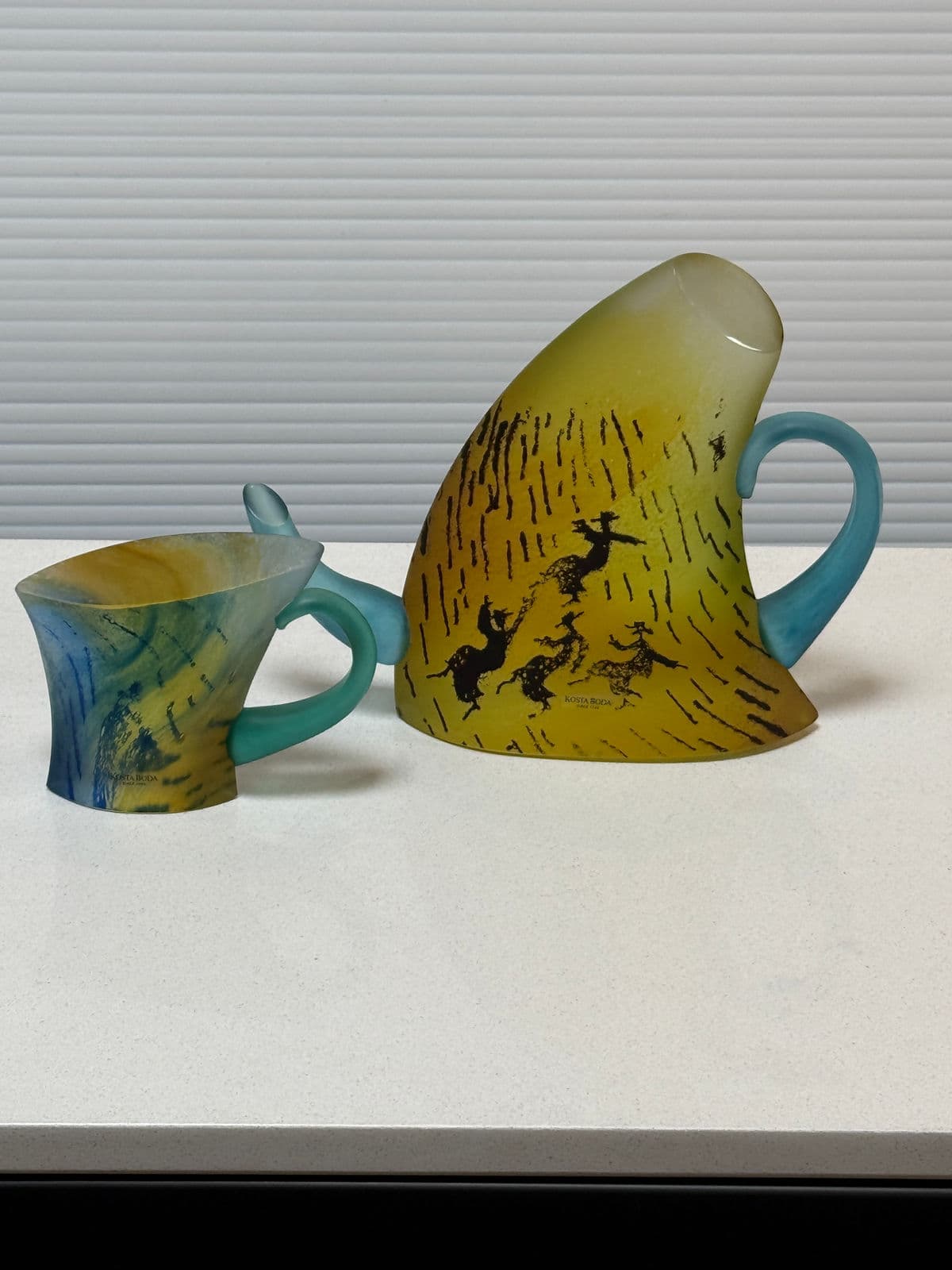 Circa 1980's Kjell Engman for Kosta Boda Vintage Limited Edition Teapot + Tea Cup Art Glass Sculpture - Thumbnail 3