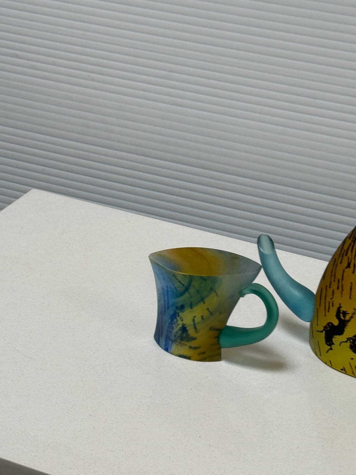 Circa 1980's Kjell Engman for Kosta Boda Vintage Limited Edition Teapot + Tea Cup Art Glass Sculpture - Thumbnail 5