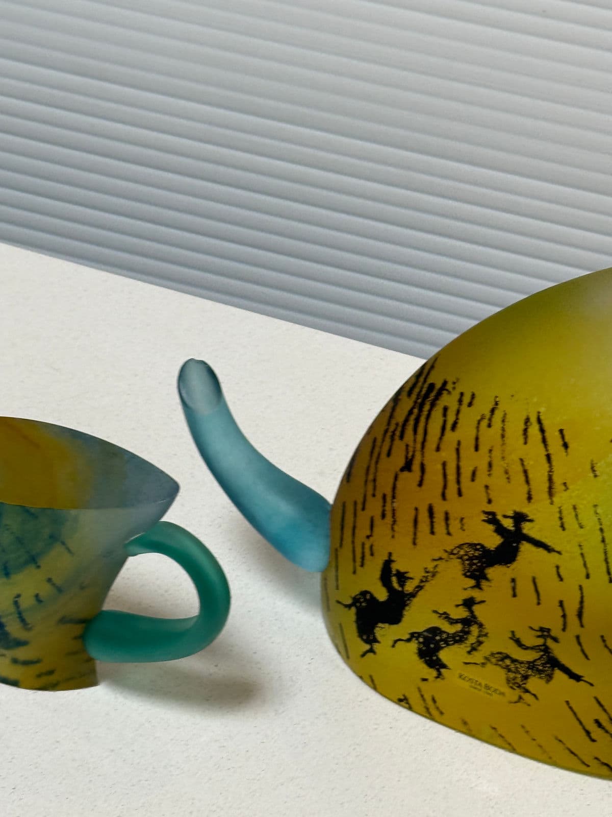 Circa 1980's Kjell Engman for Kosta Boda Vintage Limited Edition Teapot + Tea Cup Art Glass Sculpture - Thumbnail 13