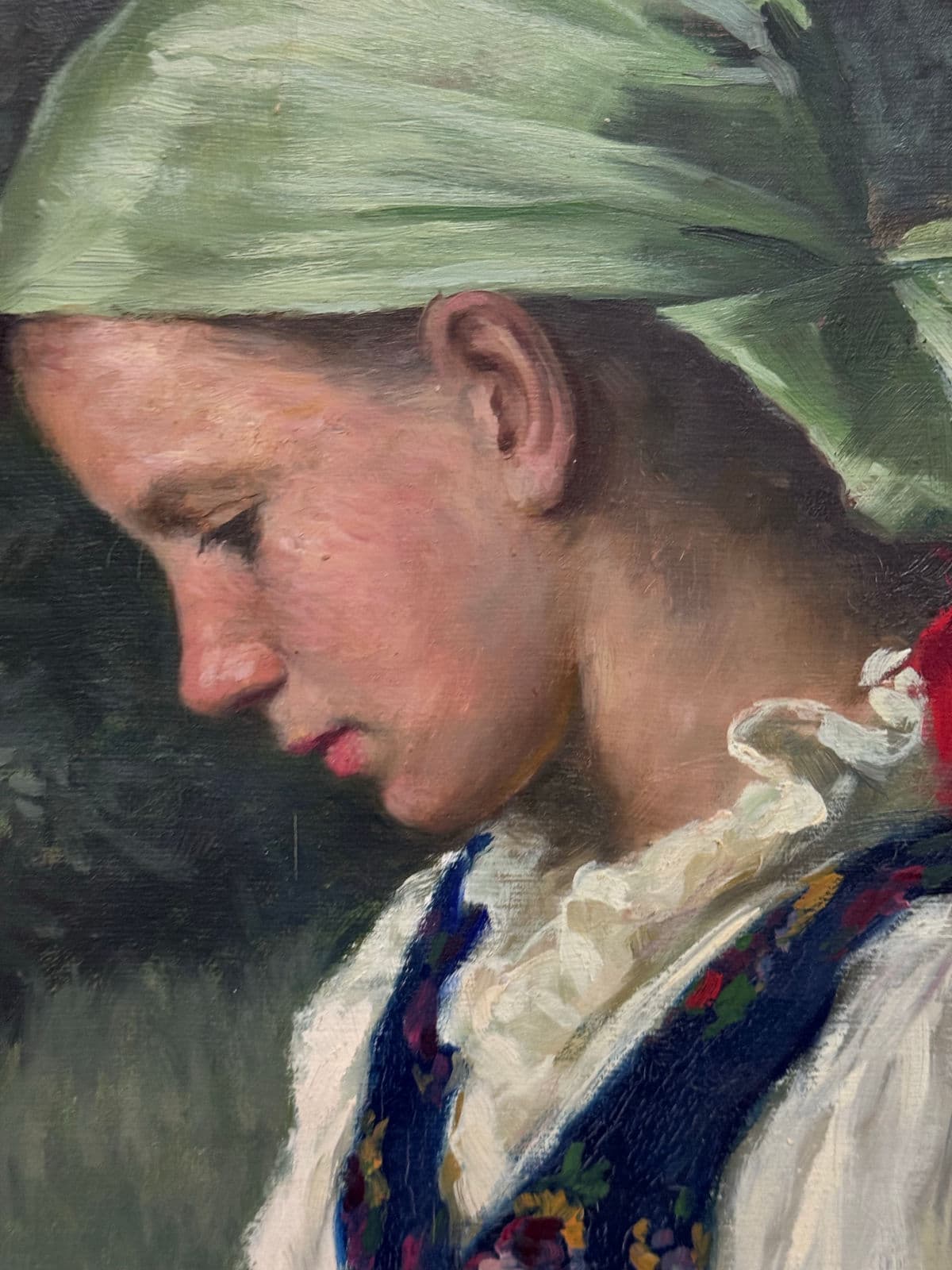 Lajos Rezes Molnar "Peasant Girl With Doll" Original Oil Painting, Framed - Thumbnail 10