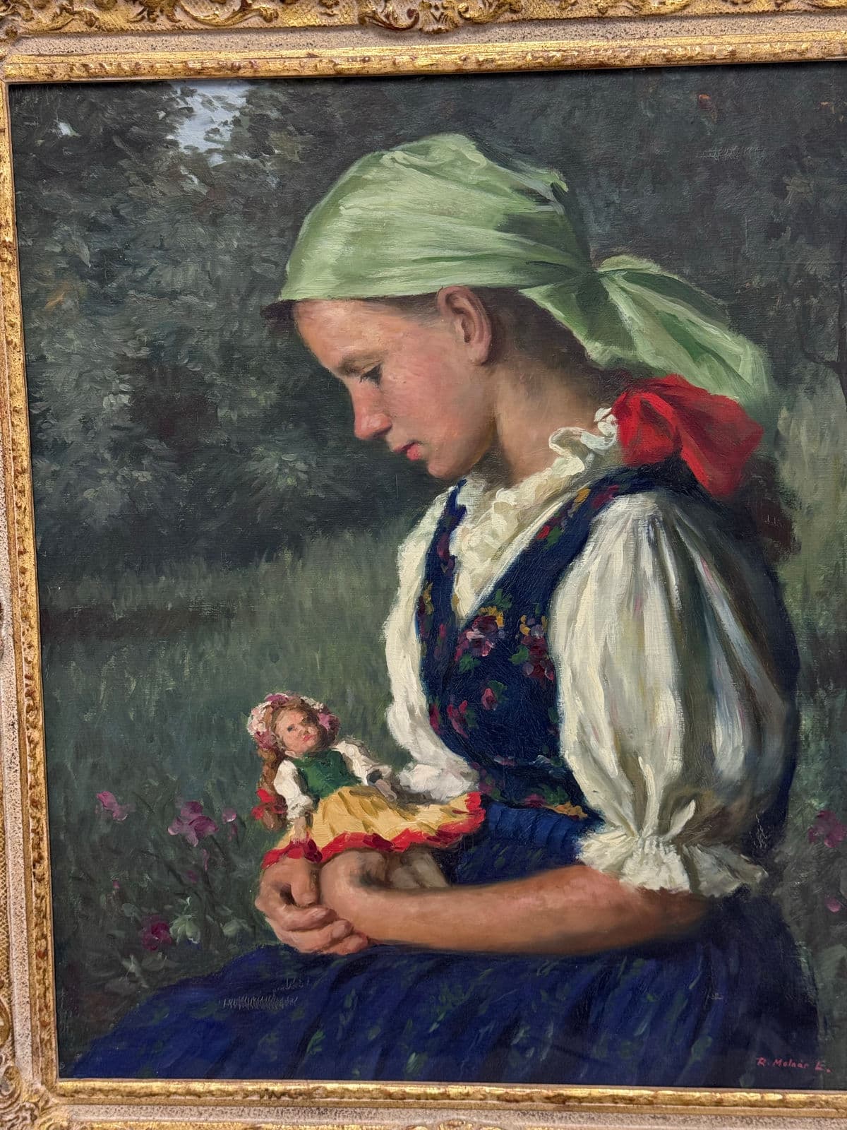 Lajos Rezes Molnar "Peasant Girl With Doll" Original Oil Painting, Framed - Thumbnail 7