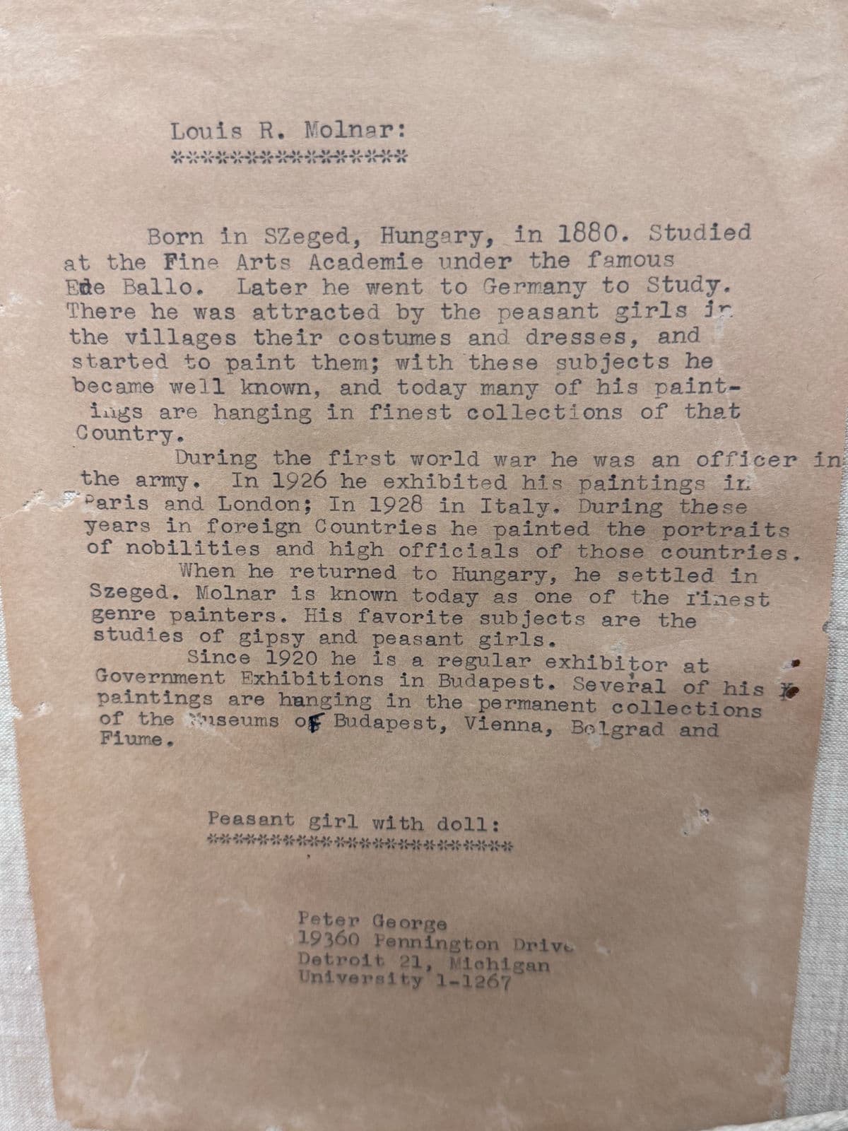 Lajos Rezes Molnar "Peasant Girl With Doll" Original Oil Painting, Framed - Thumbnail 5